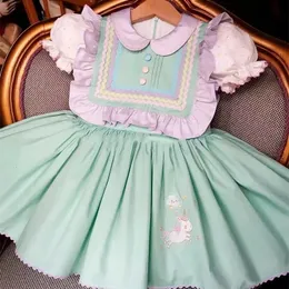 Girl's Dresses 0-12Y Baby Girl Summer Light Green Unicorn Embroidery Turkish Vintage Lolita Princess Dress for Birthday Holiday Casual Eid 230403