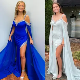 Off the Shoulder Satin Evening Dresses 2023 with Cape Long Sexy High Slit Prom Pageant Party Gowns Black-Tie Gala Robe De Soiree Royal Blue Sage Crystals Beading Straps