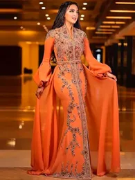 Karakou Kaftan Orange Mermaid Vestidos de noite Apliques de renda dourada Cristais de contas de contas longas e elegantes vestidos de baile árabe dubai marmoccan marmônicos ocasários especiais