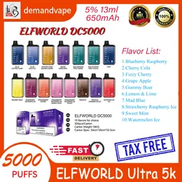 Original Elfworld Ultra 5000 Puffs Disposable Vape Pen E Cigarette With Rechargeable 650mAh Battery 13ml Prefilled Pod Mesh Coil DC5000 Bar In Stock