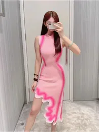 Women's o-neck sleeveless pink gradient color bodycon tunic knitted fabric asymmetric irregular design tank dress SMLXLXXL