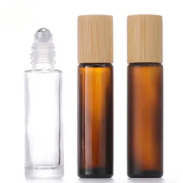 Bottiglie a rulli in vetro con tappo in bambù da 15 ml, contenitore cosmetico smerigliato trasparente color ambra con sfera in metallo