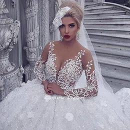 Suknia ślubna Arabska Illusion pełny rękaw koronkowy suknia balowa sukienki Weddding Sukienki Puffy Pearls Applice ręcznie robione kwiaty Dubai Saudyjska panna młoda