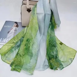 Cachecóis BYSIFA | Lenço de seda verde amoreira outono inverno padrão de campo chiffon xales longos verão praia xale marca