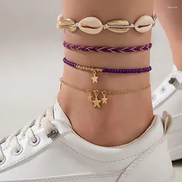 Bracelets de cheville bohémien avec pendentifs étoiles, ensemble de bracelets de cheville pour femmes et filles, coquille Simple, perles violettes, chaînes de pied multicouches, bijoux de plage, 24352