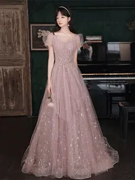 Graceful Pink Bridesmaid Dress Puff Sleeve V Neck Applique Sequined Glitter Tulle Pleated A-Line Long Celebrity Party Prom Gowns