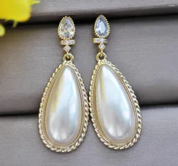 Dangle Earrings Z11105 Lustre 26mm White Drop Shell Mabe Pearl Chain Earring CZ