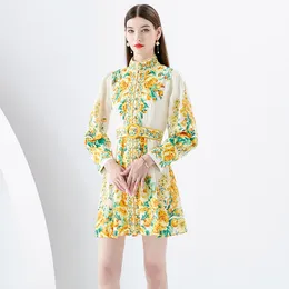 Vacation Puff Sleeve Floral Mini Dress Woman Fashion Designer Stand Collar Slim Ruched A-Line Party Dresses 2023 Spring Autumn Single-Breasted Runway Cute Frocks