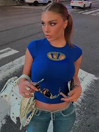 T-shirt Femme Crop Top Y2K Tops T-shirt Imprimé Lettre O Cou T-shirts Manches Courtes Femme Vêtements Solide Baic Bleu 90s Causal Streetwear T-shirt Noir 230404