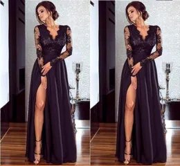 Formal Sexy Side Split Long Sleeve A Line Evening Dresses Cheap Applique V Neck Lace Party Gown Prom Dress 1643414559