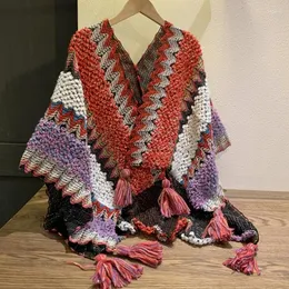 Halsdukar färgglada mexico poncho för kvinnor tonåringar virkade jumper tröja stickad kimono sjal axel wrap vinter bohemian halsduk