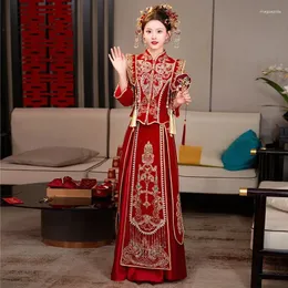 Ethnische Kleidung Xiuhe Bräutigam Anzüge Hanfu Braut Altes chinesisches Hochzeitskleid Rotes Velourskostüm Traditionelle Stickerei Vestido Chino