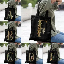 Shopping Bags 26 Letter Series Black Printing Canvas Bag Beach Handbag Foldable Side For Ladies Supermarket 2023 Fashion