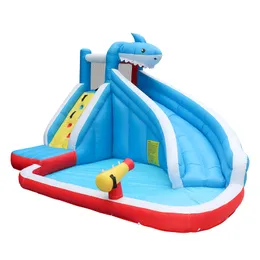 Crianças ao ar livre Play Slide Park Splash Tubarão inflável WaterSlide com piscina com ventilador de ar Playhouse para crianças Diversão no quintal em brinquedos de jardim Pequenos presentes para festas