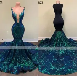 Green Sparkly Sequin Long Mermaid Prom Dresses Sleeveless African Black Girls Mermaid Formal Evening Gala Gowns Plus Size