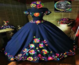 Charro México Quinceanera Dress Azul Bordado Bordado Lace Off the ombro Sweet 15 Girls Graduation Dress Crost Back7539436