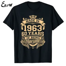 Mens Tshirts Euow Unisex 100% bomull gjord 1963 60 år av att vara fantastisk 60 -årsdag vintage män kläder tshirt casual lyx tee tops 230404