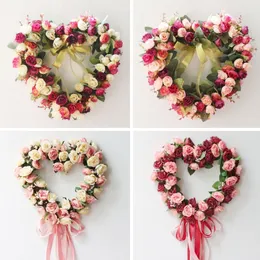 Decorative Flowers Wreaths Valentines Wreath For Front Door Heart Shape Artificial Rose Flower Garland Silk Fake Peony Wedding Wall Hanging Decoration 230404