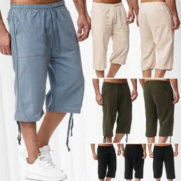 2021 verão calças de linho de algodão dos homens sólido casual solto cintura elástica respirável calças capris pantalones x0615268g