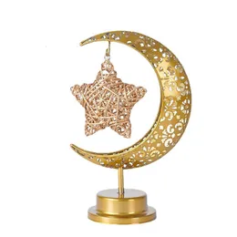 Dekorativa föremål Figurer Gold Ramadan Moon LED -lampdekoration för Home Metal Ramadan Kareem Lätt dekoration Eid Mubarak Muslim Eid Al Adha Gift 230404