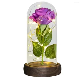 Flores decorativas eterna rosa flor em cúpula de vidro com luz led base de madeira presentes de natal para mulher-roxo