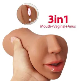 섹스 장난감 마사지 현실적인 질 3 in 1 구강 입으로 인공 깊은 목구멍 장난감 남성 실리콘 혀 이빨 주머니 음부 남성 자위기