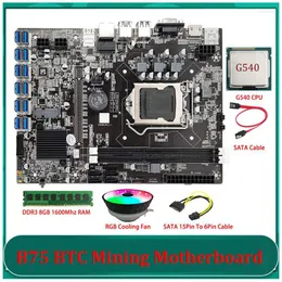 マザーボード-B75 ETHマイニングマザーボード12 PCIEからUSB LGA1155 G540 CPU SATA 15PIN 6PINケーブルDDR3 8GB 1600MHz RAM冷却ファン