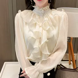 Women's Blouses Shirts Korean Ruffles Stitching Elegant Lace Blouse Woman Stand Collar Button Chiffon Shirt Long Flare Sleeve Fashion Loose Tops 12946 230404