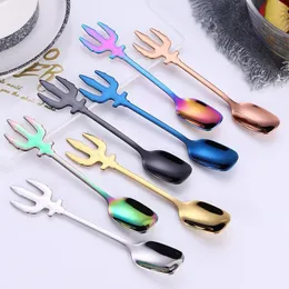 Stainless steel dessert spoon 7 colors ice cream spoons coffee spoon multi function spoon kitchen accessories flatware fruit fork wholesale