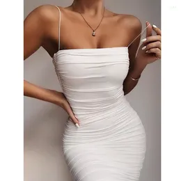 Casual Dresses Good Stretch Pleated Bodycon Dress For Women Summer Sling Strap Backless Zipper Mid Drop Clothing Solid Vestido