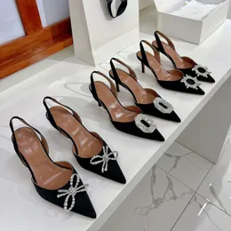 Amina muaddi sandálias femininas sapatos de cetim estilingue pontiagudo gravata borboleta cristal-girassol salto alto 7cm 9.5cm sapatos de festa de casamento