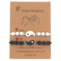 Handmade Tai Chi Yinyang Weaved Couple Beads Bracelet for Lovers Black White Adjustable Charm Bracelets Hand Chain Jewelry with Wish Card Nice Gift 2Pcs/Set