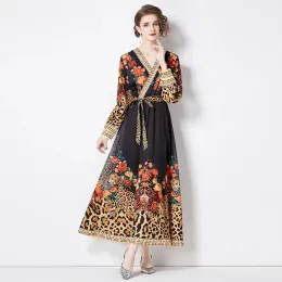 Basic Casual Dresses Spring Autumn Designer Leopard Vintage Dress Women's Cross V-Neck Lantern Sleeve Floral Print Lace Up Belt Long Robe Vestidos 2024