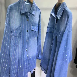 Women's Blouses Women Drilling Diamonds Shirts Coat Classic Denim Blue Loose Mid Length Rhinestones Jeans Autumn Cardigan Blusas