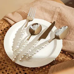 Zestawy naczyń stołowych Kemorela 4pcs Pearl Cutlery Zestaw Western 304 Stalowa stolika ślubna Diamentowa inkrustowana nóż Dift łyżki