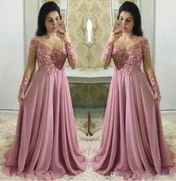 Plus Size Wunderschöne Dusty Pink Ballkleider mit langen Ärmeln Sheer Jewel Neck Applique Lace Handmade 3D Flowers Formal Dress Evening Go6644602