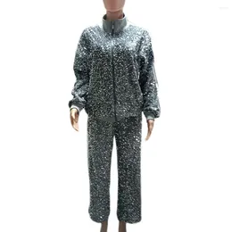 Glitter Sequin Tracksuit Set Womens Outfit, Long Sleeve Zip Up