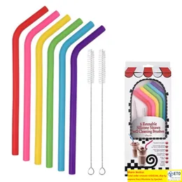 6pcs2brushset 23CM Candy Colors Silicone Straw Reusable Folded Bent Straight Straw Home Bar Accessory Silicone Tube