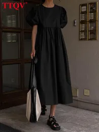 Freizeitkleider TTQV Lässiges lockeres schwarzes Damenkleid Sommer O-Ausschnitt Kurzarm Büro Midikleider Elegantes A-Linie Damenkleid mit hoher Taille 230404