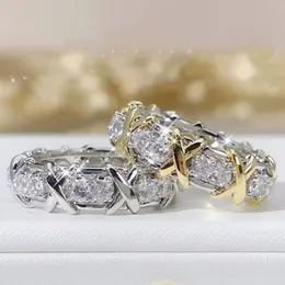 Vecalon Moissanite 3 Cores Gem Simulado Diamante Cz Anel de Noivado Casamento Banda Para Mulheres 10KT Branco Amarelo Ouro Cheio Presente Feminino