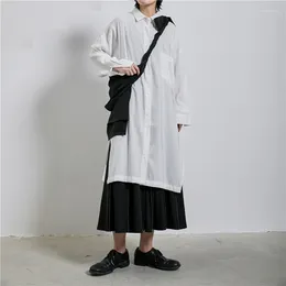 여성용 블라우스 가을 광장 칼라 단색 단색 대형 슬릿 상단 포켓과 로프 슬리브 셔츠가있는 긴 디자인
