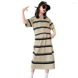 Clothing Sets Girl Striped Set 2023 Korean Summer Black Khaki Short Sleeve Top Skirt 2Pcs Suits Casual Teenage Outfits 4-14Years Old