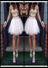 2020 Cheap Two Piece Ball Gown Homecoming Dresses With Gold Beaded Straps Tulle White Short Prom Dress Sweet 16 Gown1385412