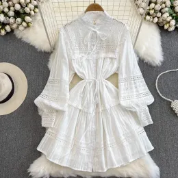 Basic Casual Dresses Runway 2024 Spring Summer Hollow Out Embroidery Lace Party Dress for Women Elegant Long Lantern Sleeve Mini Vacation Vestidos