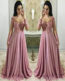 Plus Size Wunderschöne Dusty Pink Ballkleider mit langen Ärmeln Sheer Jewel Neck Applique Lace Handmade 3D Flowers Formal Dress Evening Go9963256