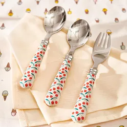 Conjuntos de utensílios de jantar crianças definem lindas colher de cerejeira e garfo 304 talheres de viagem em aço inoxidável