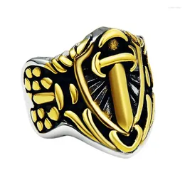 Cluster Ringe Herren Big Punk Schwert Ring Vintage Kreuz Schild Edelstahl Fingerband Gold Farbe Schmuck