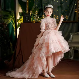 Flower Rise Gold Sequins Appliques Kids Teens Little Girl Toddler Pageant Gowns Birthday Party Dress For Wedding Lace Tutu Long Sleeve Cooktail Wear 403