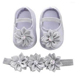 Primeiros caminhantes Baywell verão nascido bebê flor sapatos hairband conjunto menina laço bonito criança macia prewalker 0-12 meses