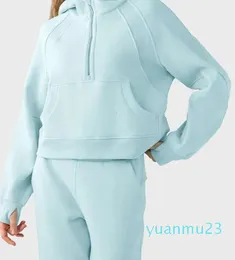 Lu Lu Yoga Limon Algin Kadın Hoodies Sweatshirts Sıcak İç Peluş Tüplü Hoodies Sports Sweater Kadınlar Kısa Kapşonlu Yarım Zip Sweatshirt gevşek Spor Ceket Ceket